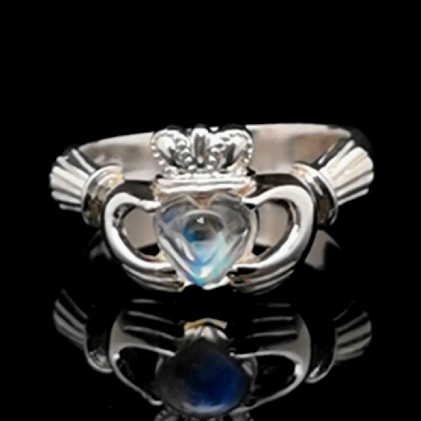 Sterling Silver Claddagh Ring with Rainbow Moonstone Cabochon, size 7