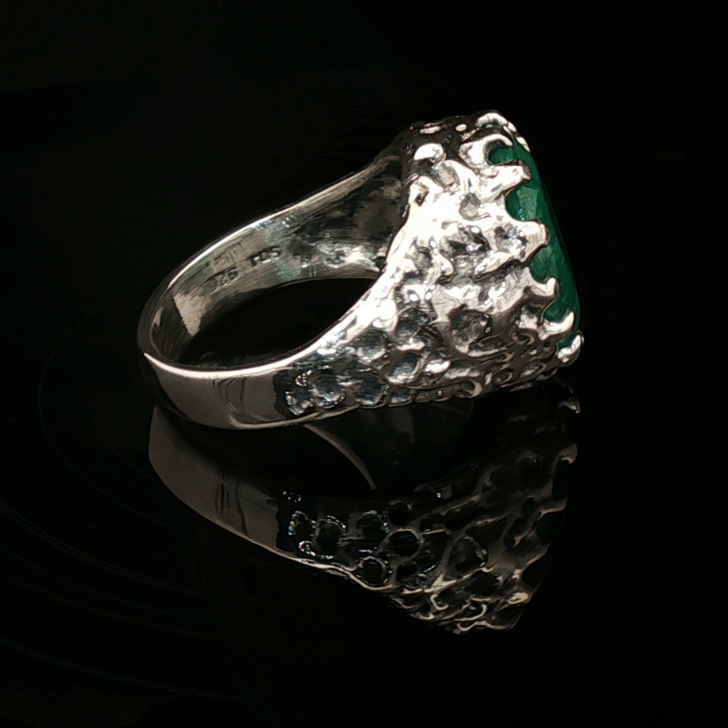 Sterling Silver Cocktail Ring with Oval Opaque Emerald, size 9