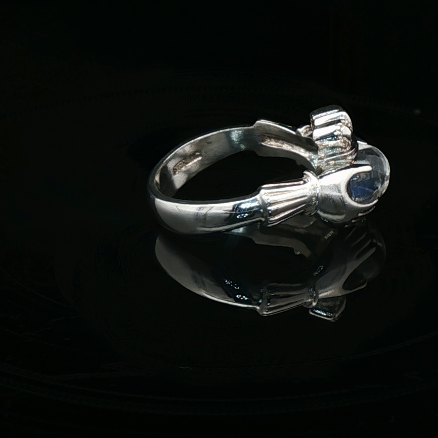 Sterling Silver Claddagh Ring with Heart-Shaped Crystal Quartz Cabochon, size 5