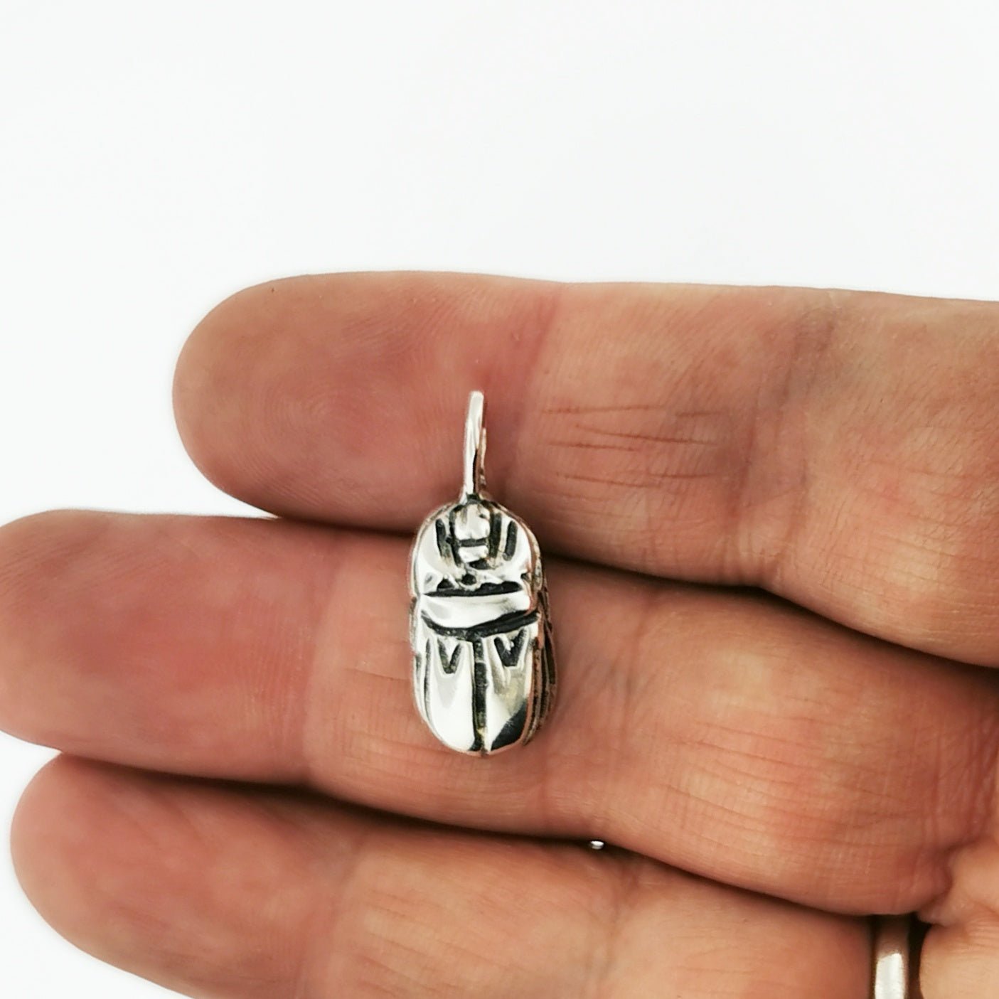 3D Egyptian Scarab Pendant in Sterling Silver In Hand 2 - Le Dragon Argenté