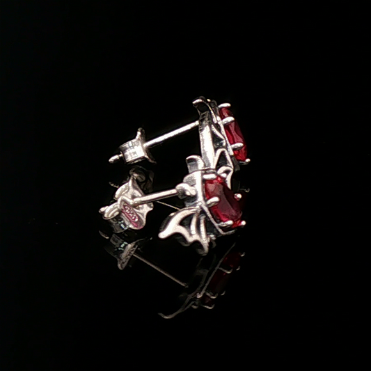 Silver Gothic Bat Wing Stud Earrings with Oval Imitation Birthstones