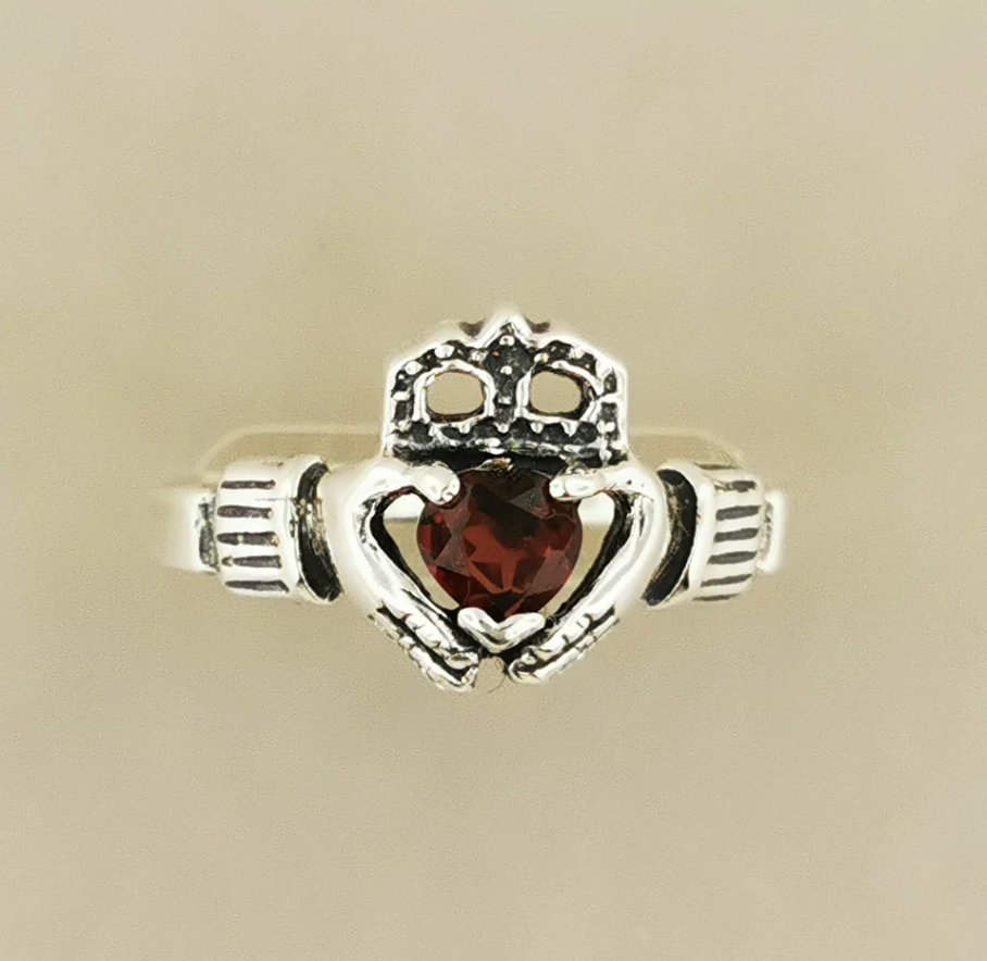 Sterling Silver Claddagh Ring with Gemstone Heart