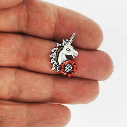 Unicorn Head Charm with Red Enamel  in Sterling Silver, Sterling Silver Unicorn Pendant, Silver Unicorn Charm, Unicorn Flower Charm, Silver Fantasy Jewellery, Silver Fantasy Jewelry, Silver Unicorn Jewelry, Silver Unicorn Jewellery, Enamelled Pendant