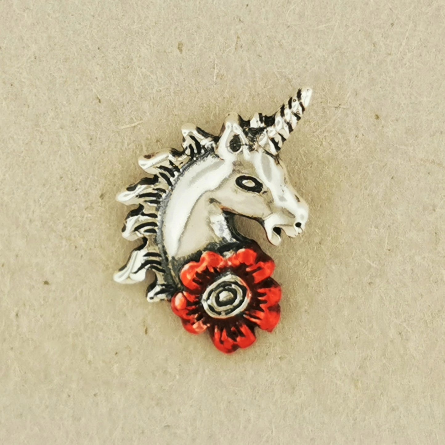 Unicorn Head Charm with Red Enamel in Sterling Silver, Sterling Silver Unicorn Pendant, Silver Unicorn Charm, Unicorn Flower Charm, Silver Fantasy Jewellery, Silver Fantasy Jewelry, Silver Unicorn Jewelry, Silver Unicorn Jewellery, Enamelled Pendant