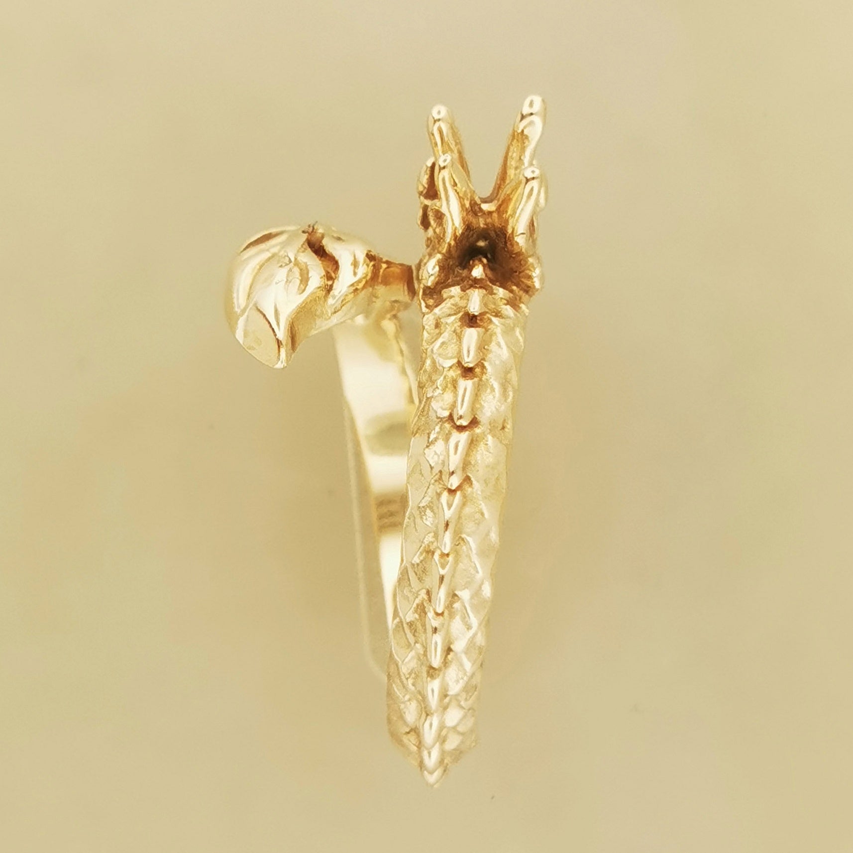 Adjustable Asian Dragon Ring with detailed scales and whiskers in sterling silver, antique bronze, or stainless steel. Handmade fantasy jewellery by Le Dragon Argenté