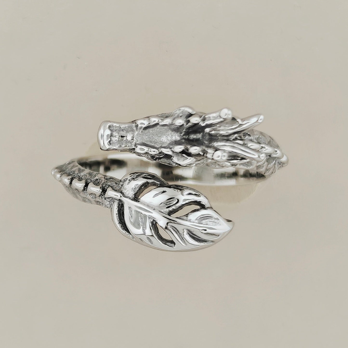 Adjustable Asian Dragon Ring with detailed scales and whiskers in sterling silver, antique bronze, or stainless steel. Handmade fantasy jewellery by Le Dragon Argenté