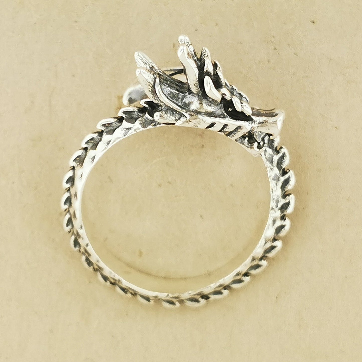 Adjustable Asian Dragon Ring with detailed scales and whiskers in sterling silver, antique bronze, or stainless steel. Handmade fantasy jewellery by Le Dragon Argenté