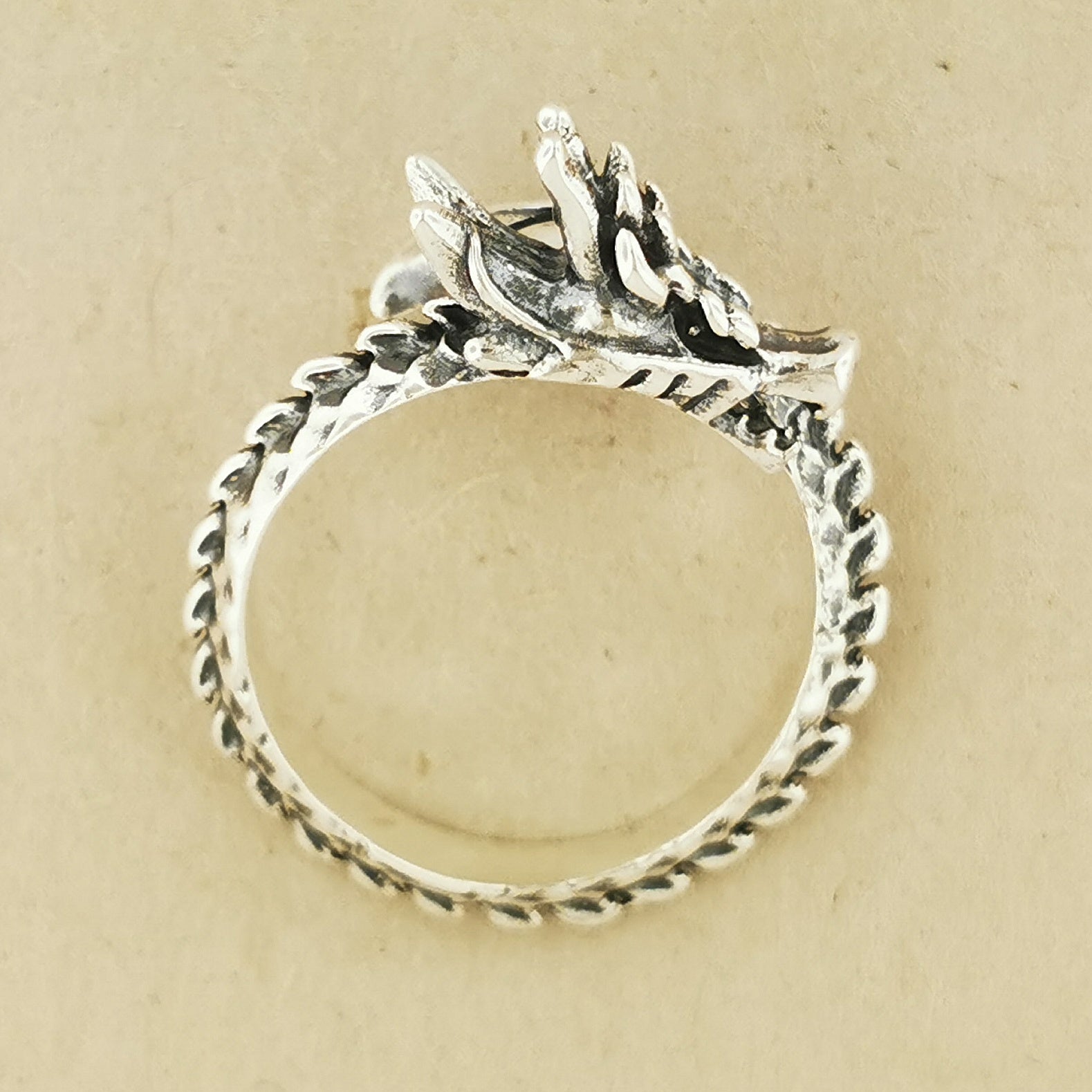 Adjustable Asian Dragon Ring with detailed scales and whiskers in sterling silver, antique bronze, or stainless steel. Handmade fantasy jewellery by Le Dragon Argenté