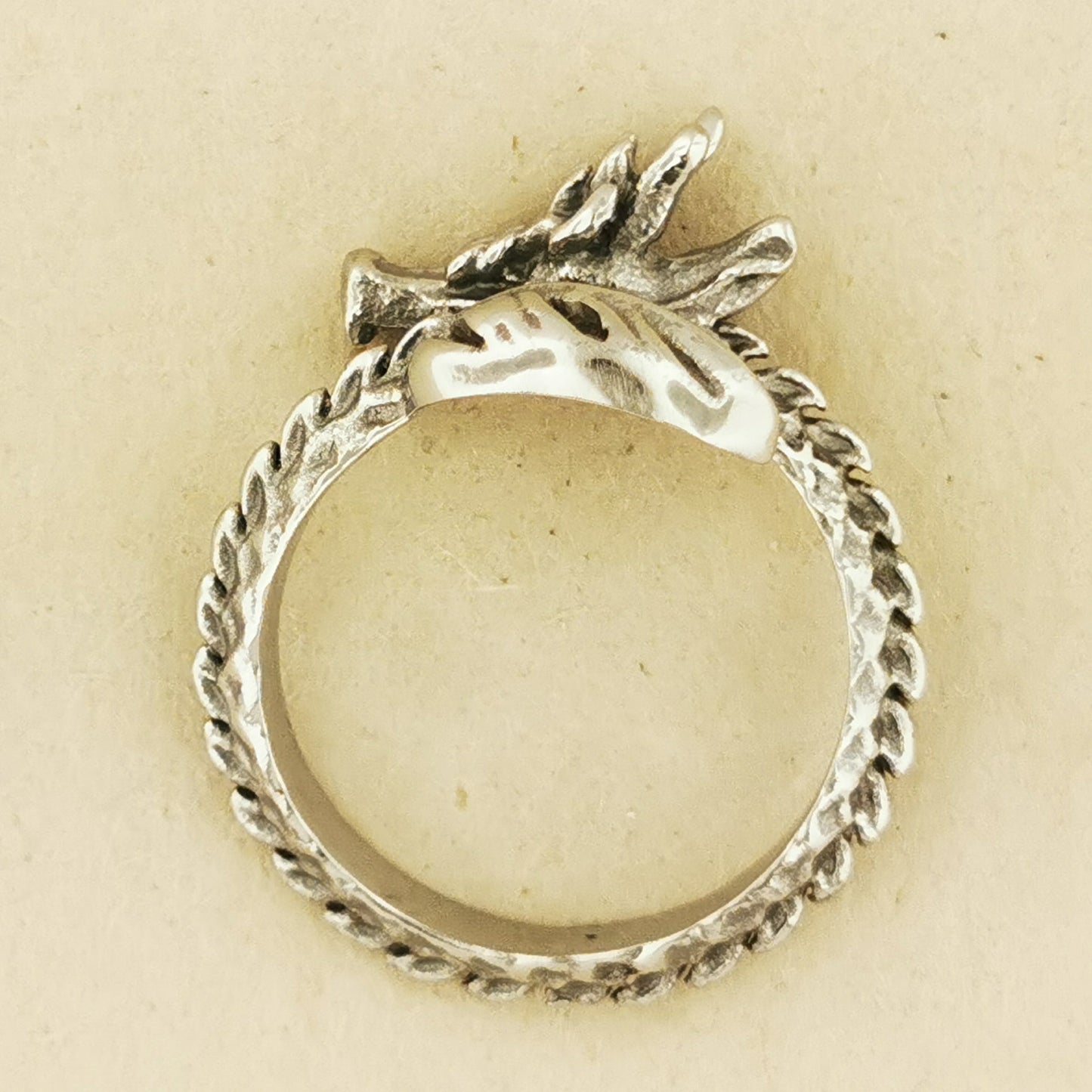 Adjustable Asian Dragon Ring with detailed scales and whiskers in sterling silver, antique bronze, or stainless steel. Handmade fantasy jewellery by Le Dragon Argenté