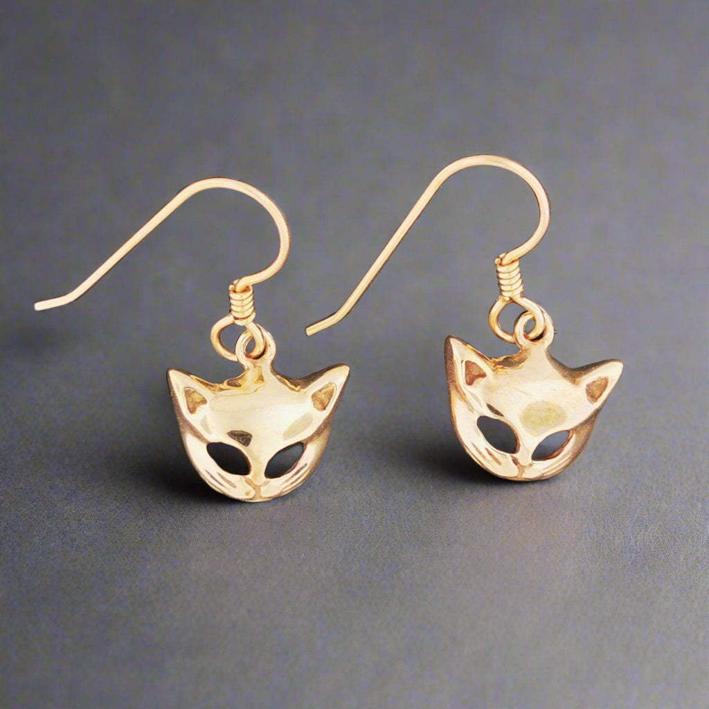 Cat Mask Charm Earrings in Sterling Silver or Antique bronze - Le Dragon Argenté