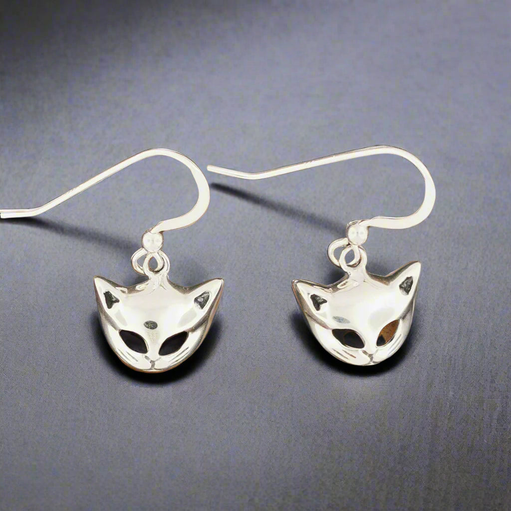 Cat Mask Charm Earrings in Sterling Silver or Antique bronze - Le Dragon Argenté