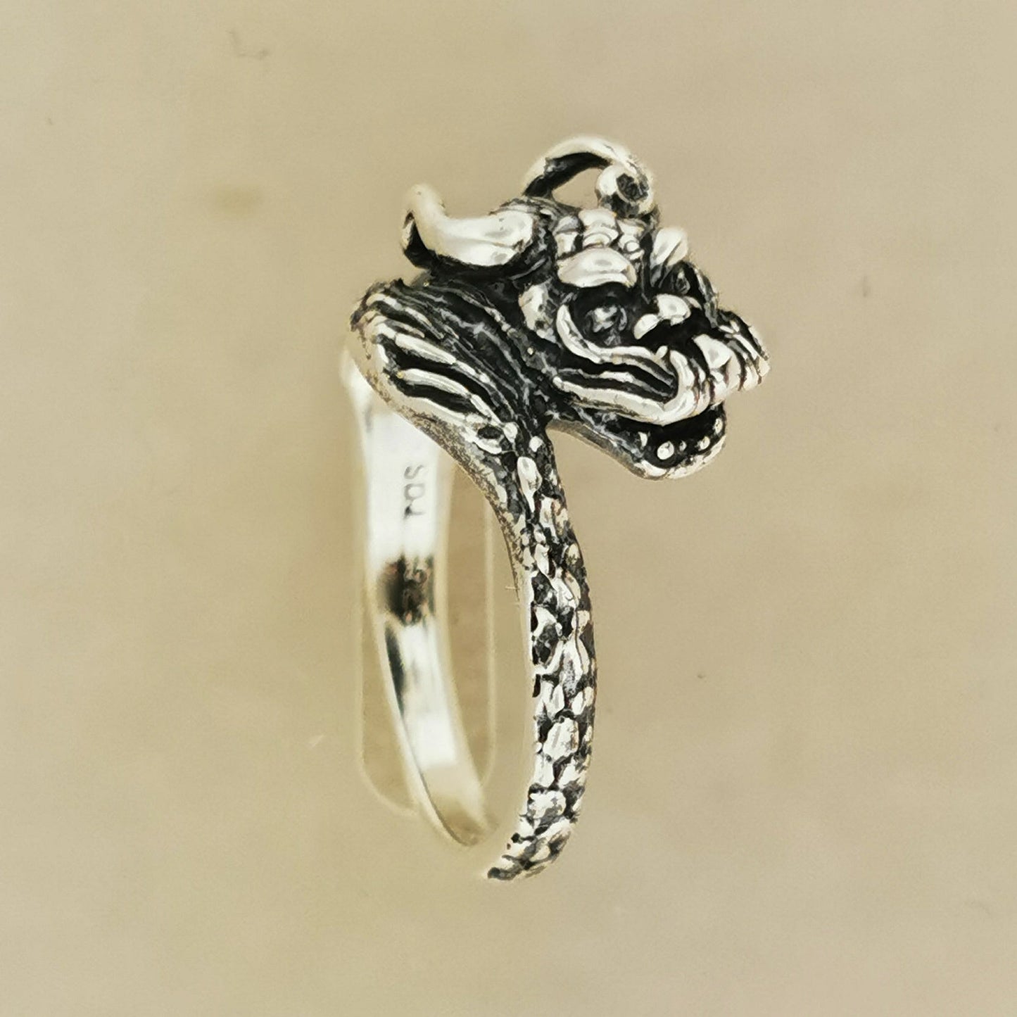 Chinese Dragon Ring in Sterling Silver or Antique Bronze - Le Dragon Argenté