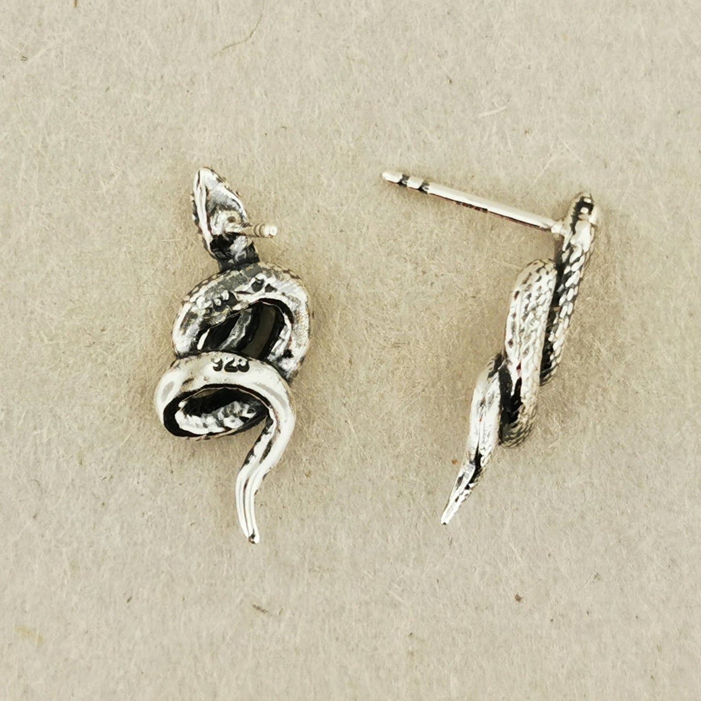 Coiled Snake Stud Earrings in Sterling Silver Side View - Le Dragon Argenté