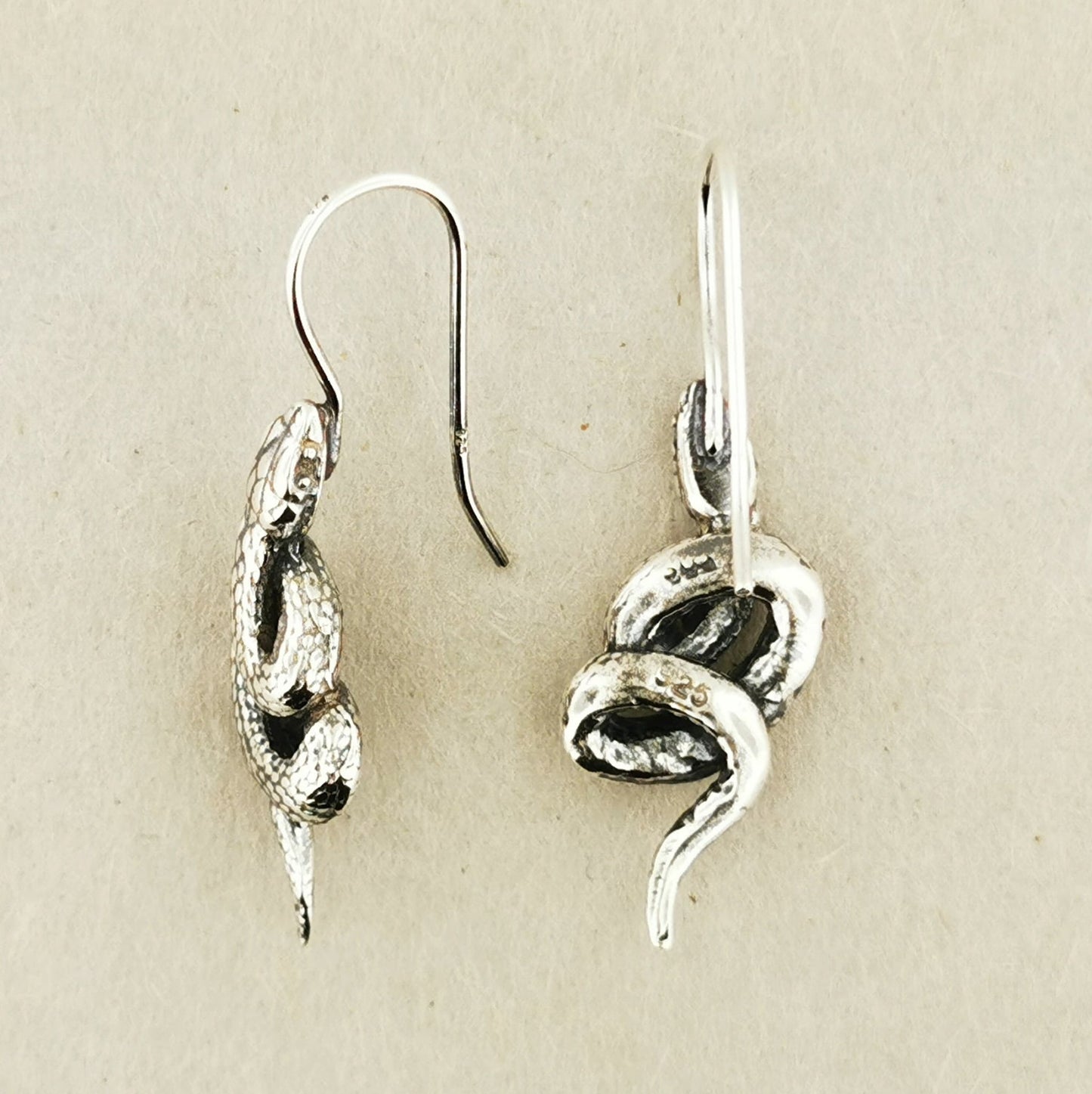 Coiled Snake Stud Earrings in Sterling Silver Ear Wire Side View - Le Dragon Argenté
