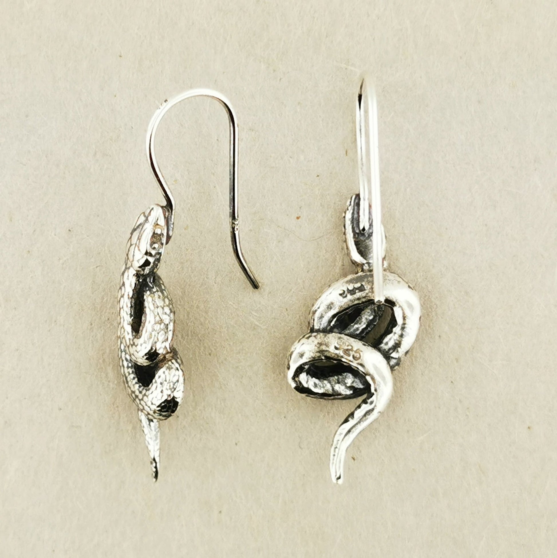 Coiled Snake Stud Earrings in Sterling Silver Ear Wire Side View - Le Dragon Argenté