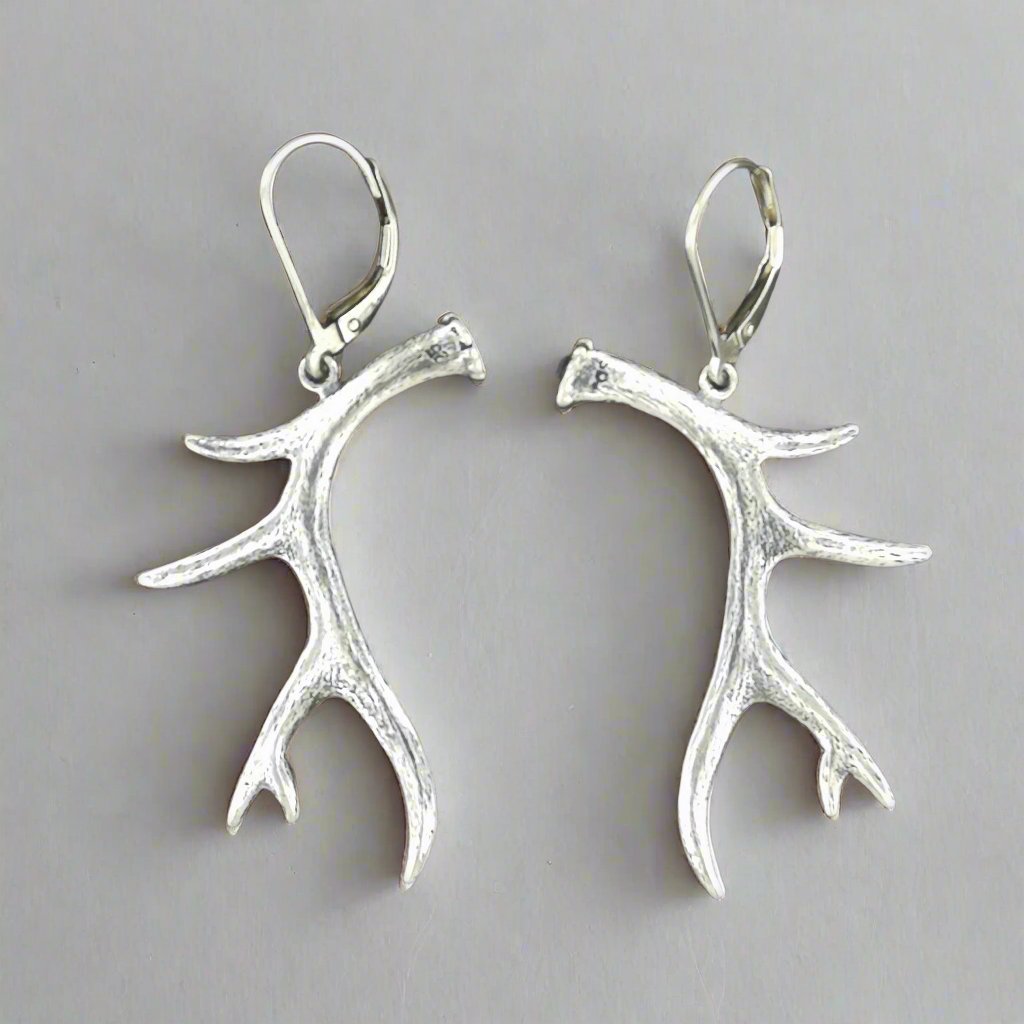 Sterling silver deer antler dangle earrings woodland jewelry. Nature inspired deer antler dangle earrings in silver. Rustic antler earrings in sterling silver woodland jewelry gift. Silver deer antler earrings nature themed dangle jewelry. Woodland antler dangle earrings rustic silver jewelry.
