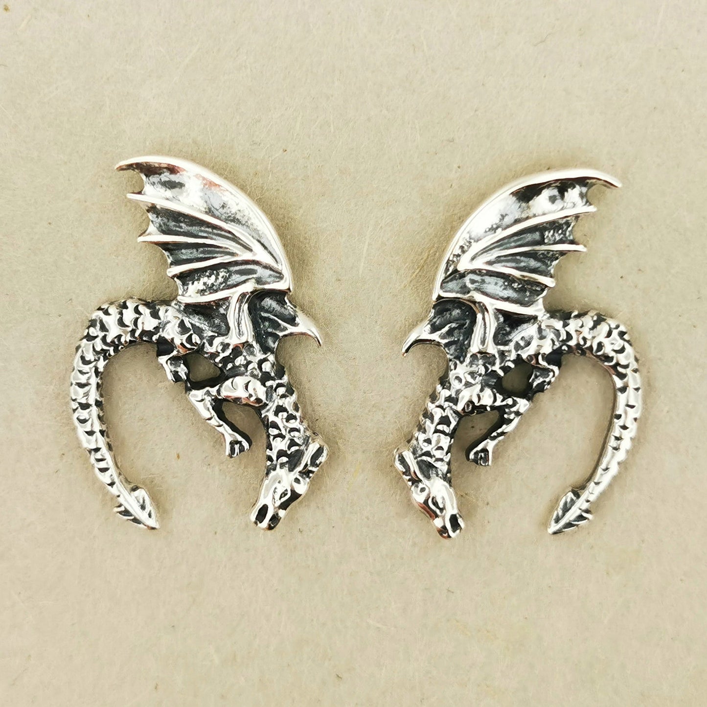 Handmade .925 Sterling Silver Winged Dragon Earrings by Le Dragon Argenté - Jewelry Design Featuring Diving Dragons, Symbolizing Courage, Protection, and the Pursuit of Dreams, Perfect for Mythical Lore Enthusiasts.