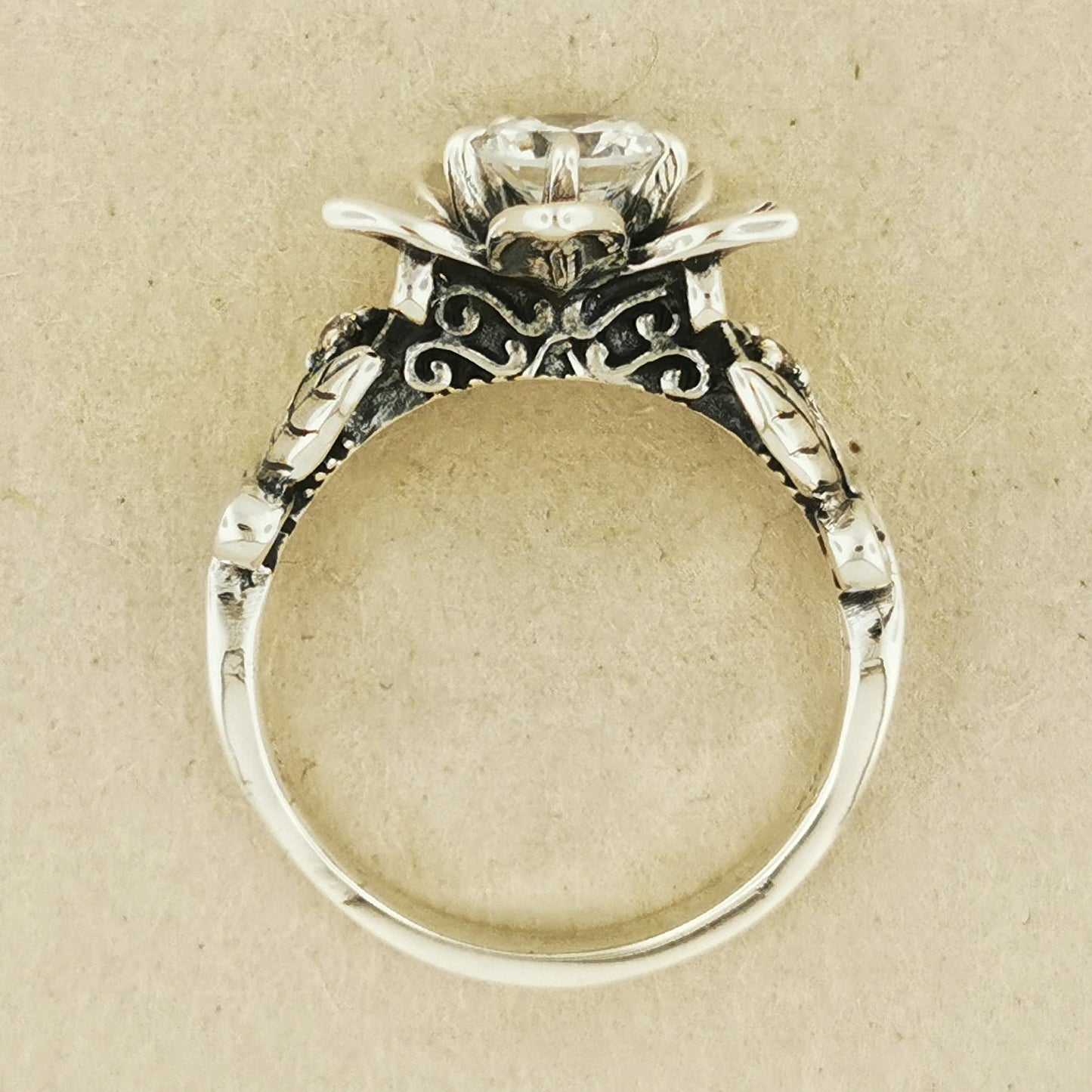 Elven Flower Birthstone Ring In Sterling Silver Front View - Le Dragon Argenté