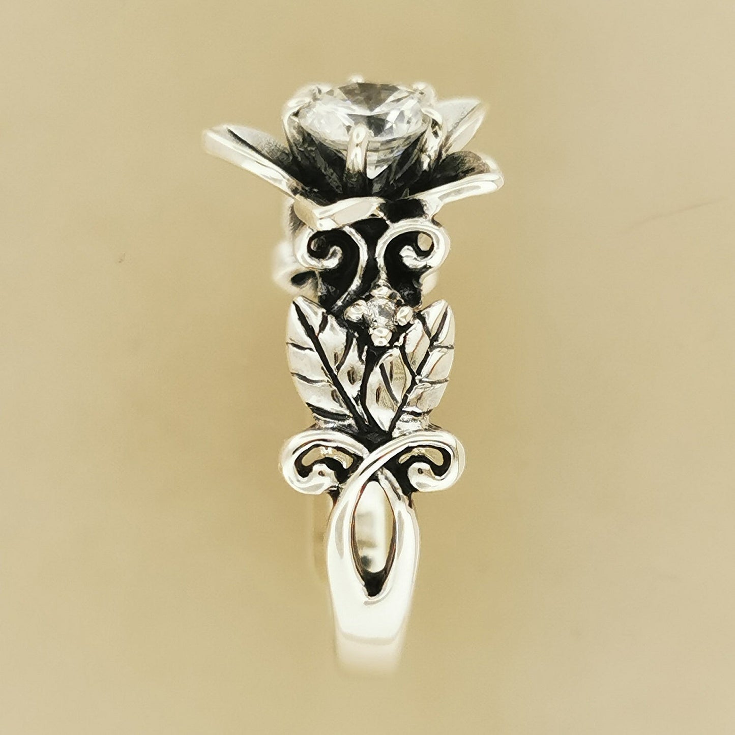 Elven Flower Birthstone Ring In Sterling Silver Side View - Le Dragon Argenté
