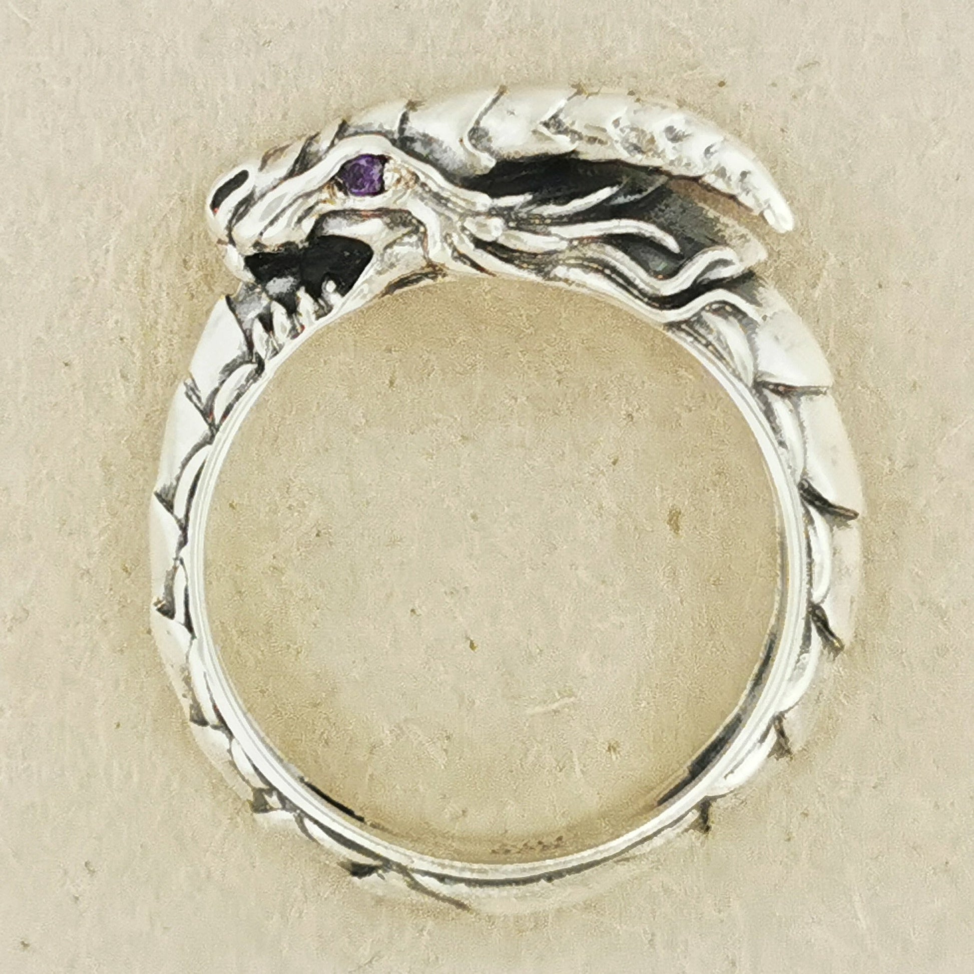 Eternal Dragon Ring With CZ Eyes In Sterling Silver Flat View - Le Dragon Argenté