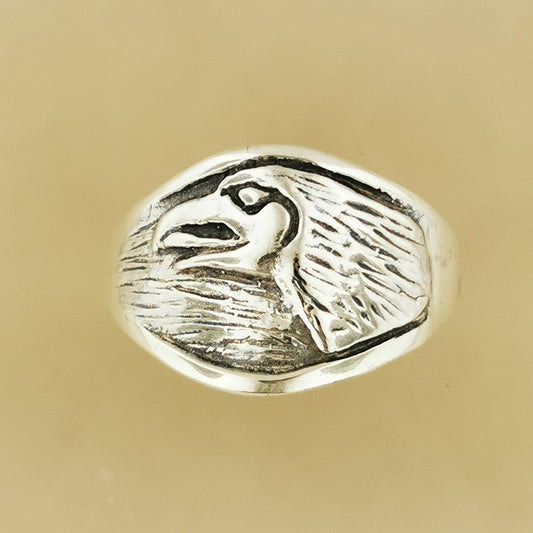 Handcrafted Falcon Head Ring in .925 Sterling Silver featuring detailed feathers and bold avian design by Le Dragon Argenté