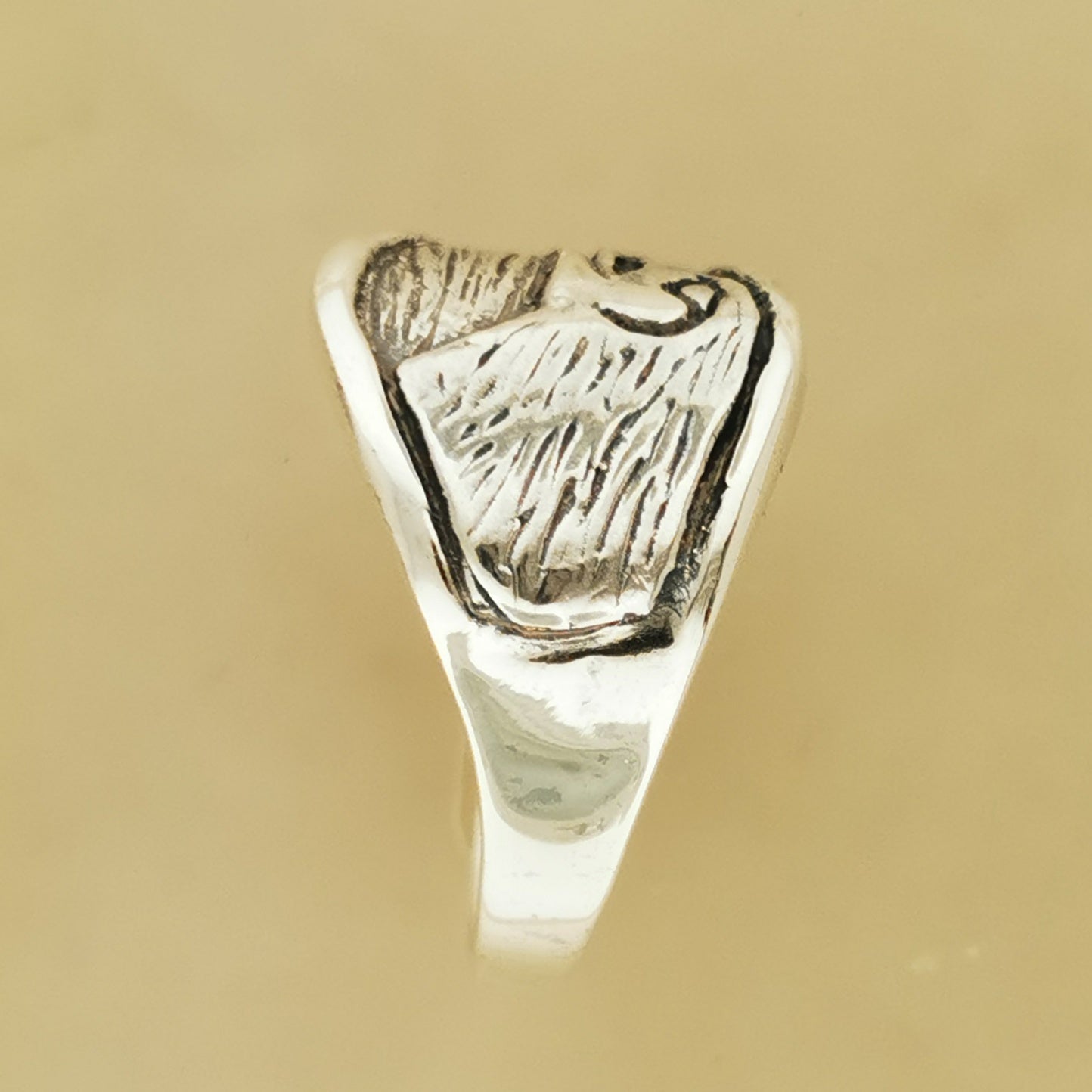 Handcrafted Falcon Head Ring in .925 Sterling Silver featuring detailed feathers and bold avian design by Le Dragon Argenté