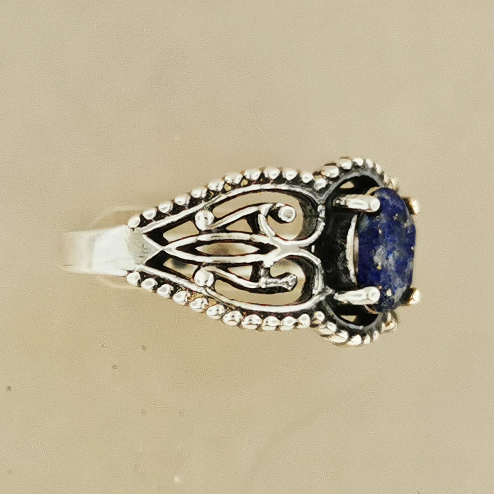 Side View of Gothic Style Filigree Ring with Gemstone in Sterling Silver - Le Dragon Argenté