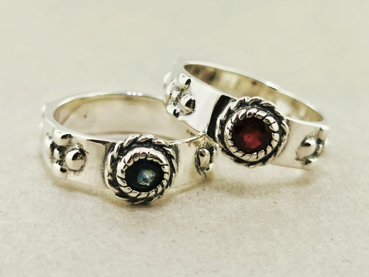 Howl and Sophie Ring Set in Sterling Silver with Faceted Gemstones - Le Dragon Argenté