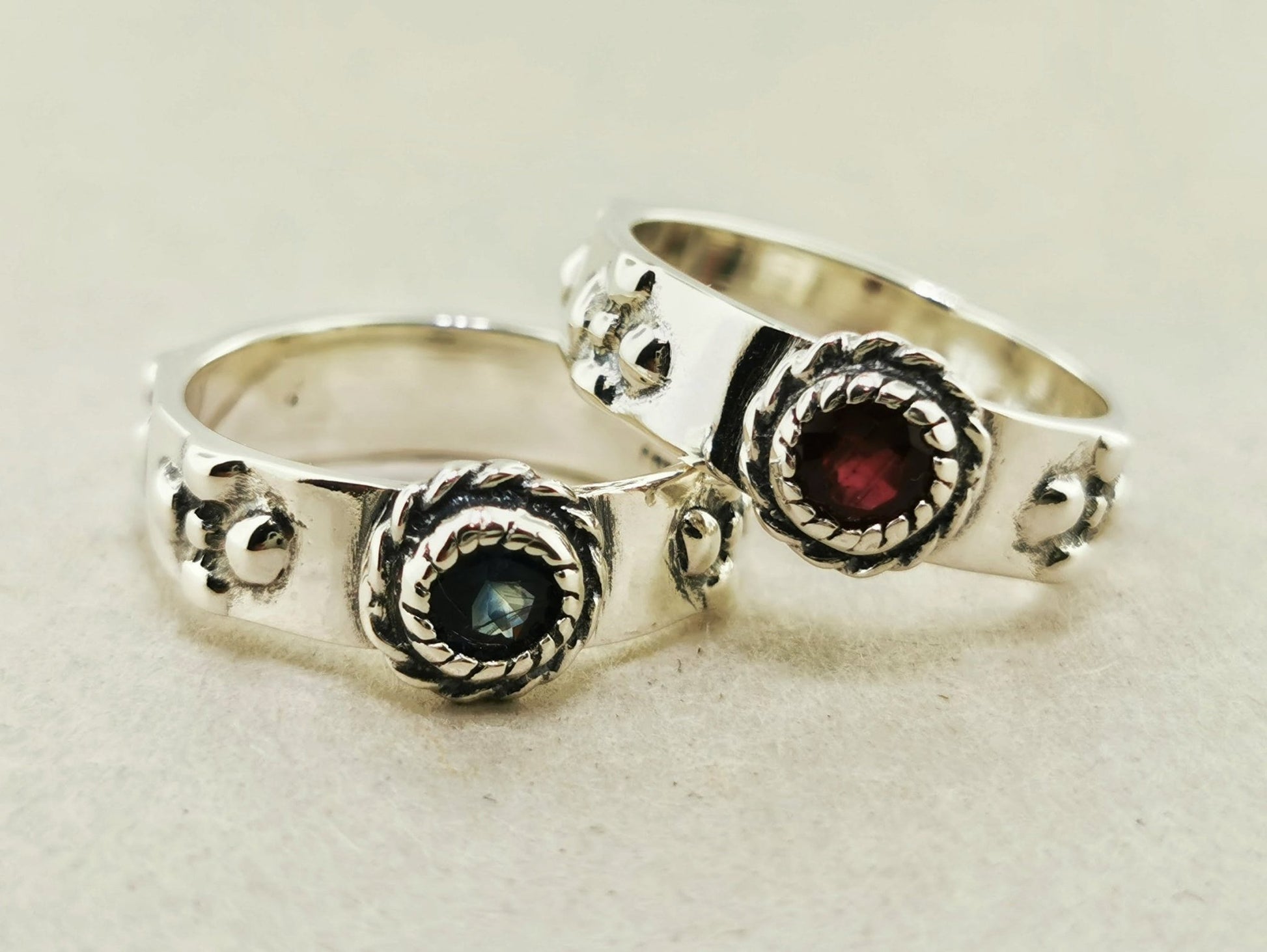 Howl and Sophie Ring Set in Sterling Silver with Faceted Gemstones - Le Dragon Argenté