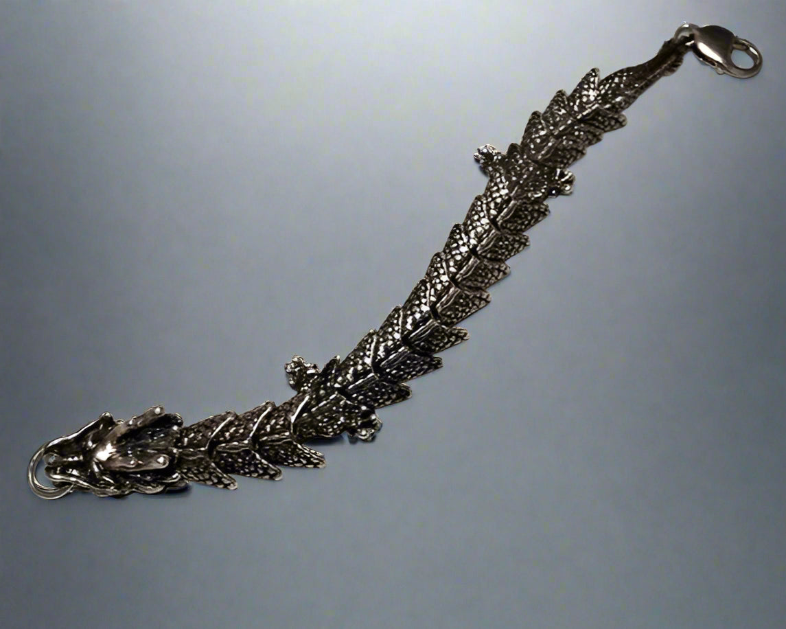 Large Asian Dragon Bracelet in Sterling Silver or Antique Bronze made to order - Le Dragon Argenté