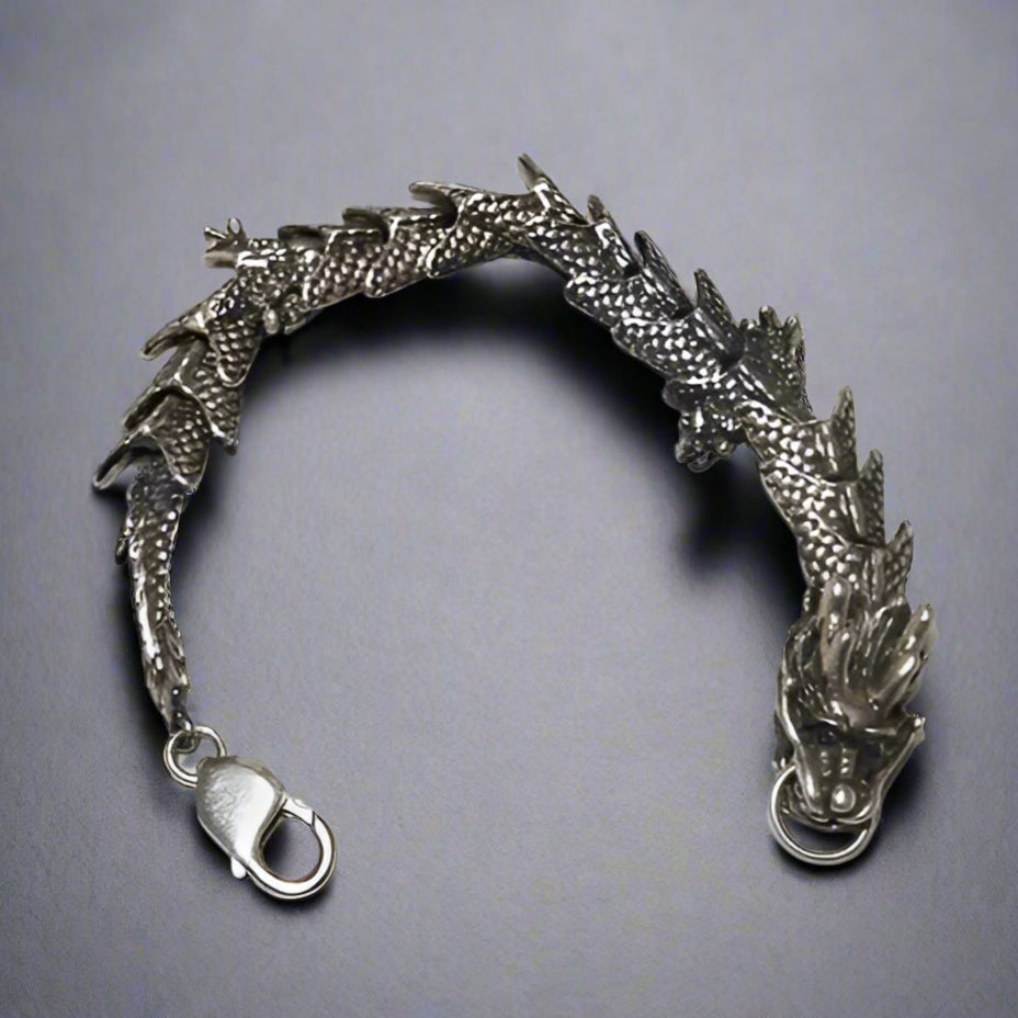 Large Asian Dragon Bracelet in Sterling Silver or Antique Bronze made to order - Le Dragon Argenté
