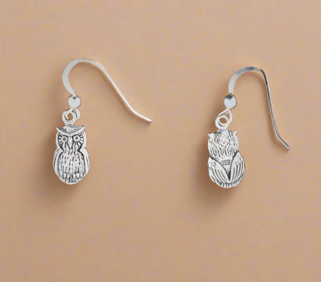 Owl Charm Earrings in Sterling Silver or Antique bronze - Le Dragon Argenté
