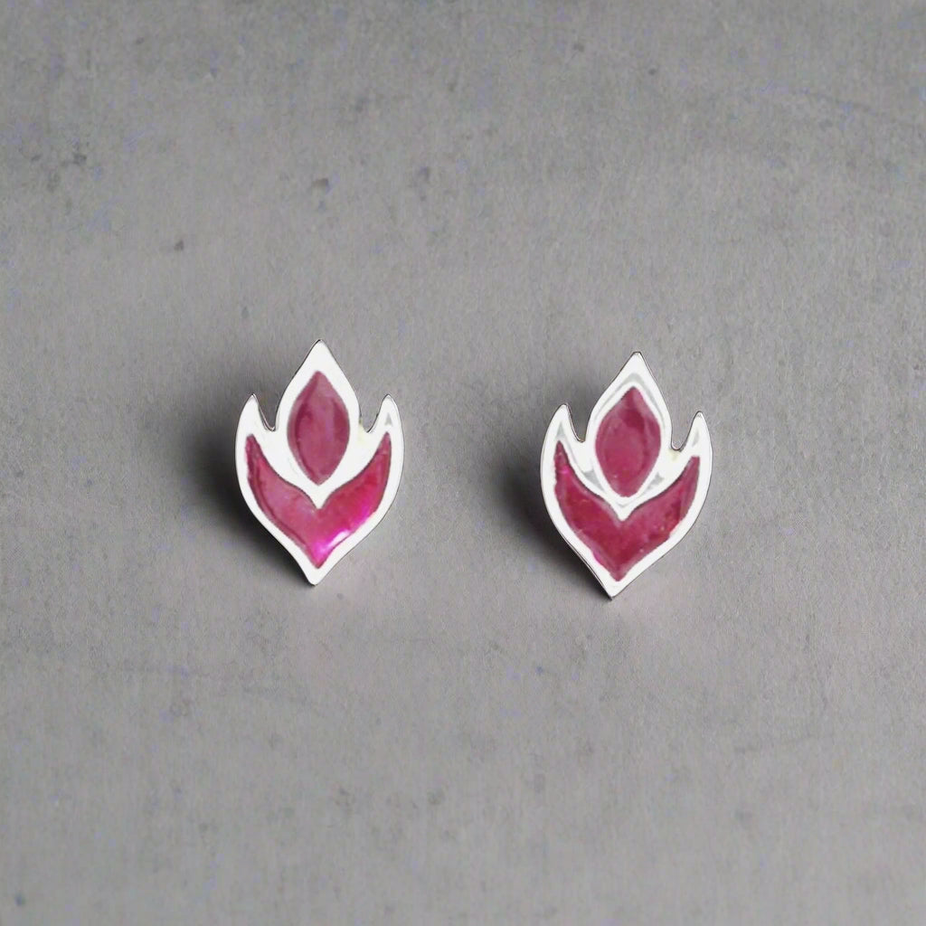 Purple Flame Stud Earrings in Sterling Silver and Enamel - Le Dragon Argenté
