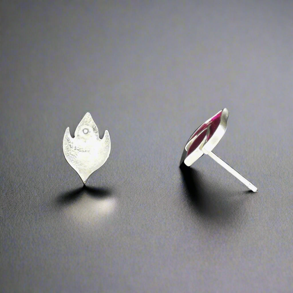 Purple Flame Stud Earrings in Sterling Silver and Enamel - Le Dragon Argenté