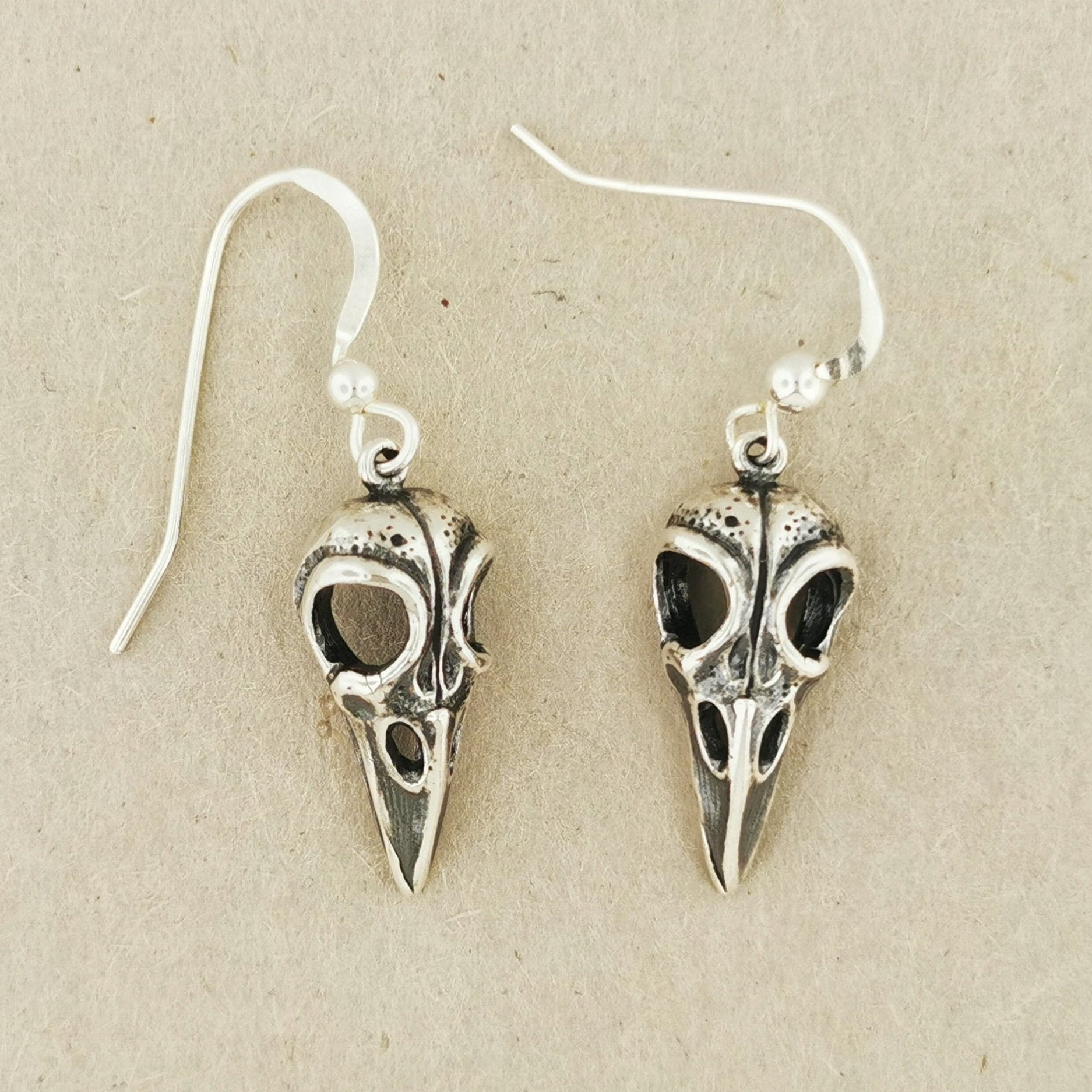 Raven Skull Earrings in Sterling Silver or Antique Bronze - Le Dragon Argenté
