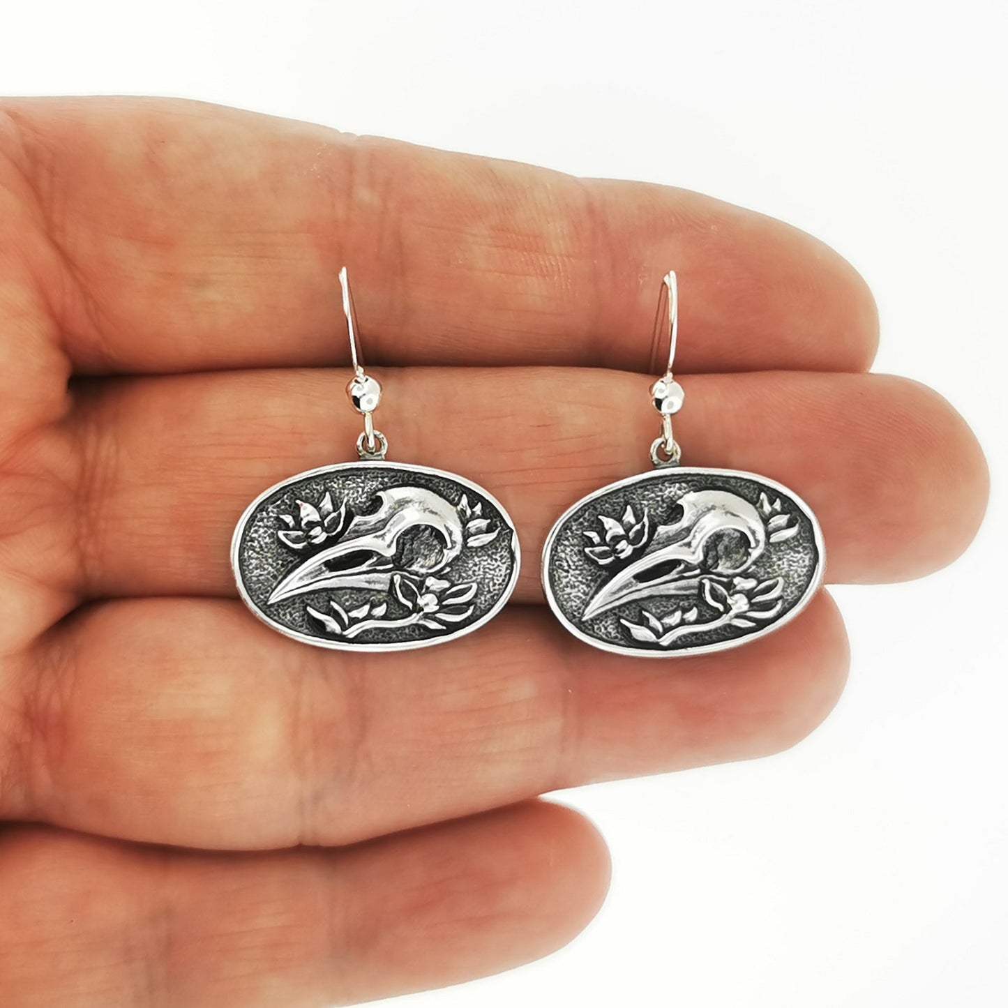 Raven Skull & Flowers Charm Earrings - Le Dragon Argenté