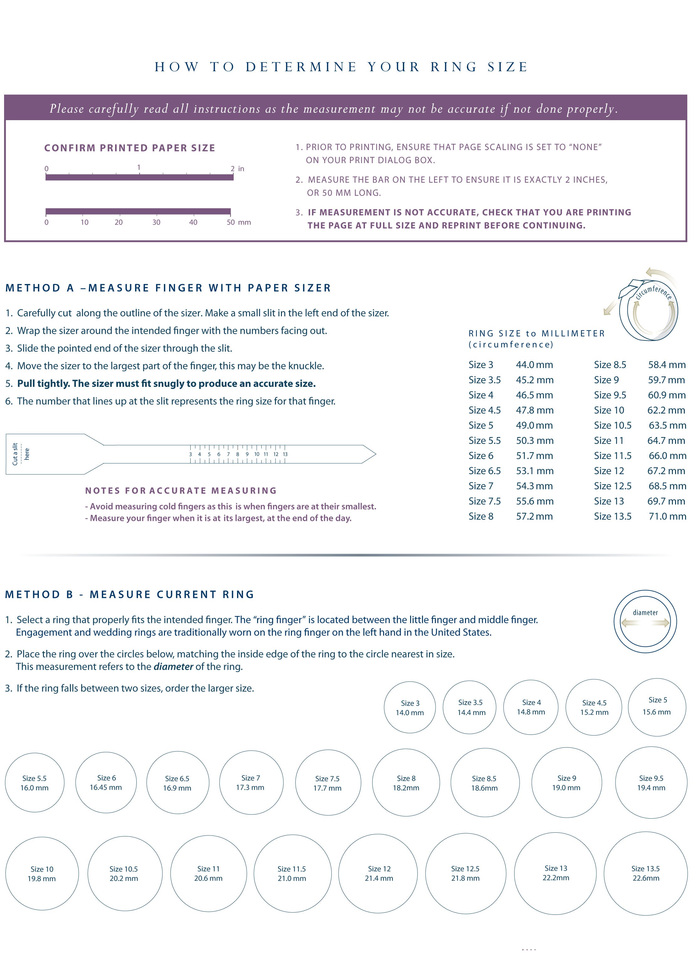 Printable sizing chart