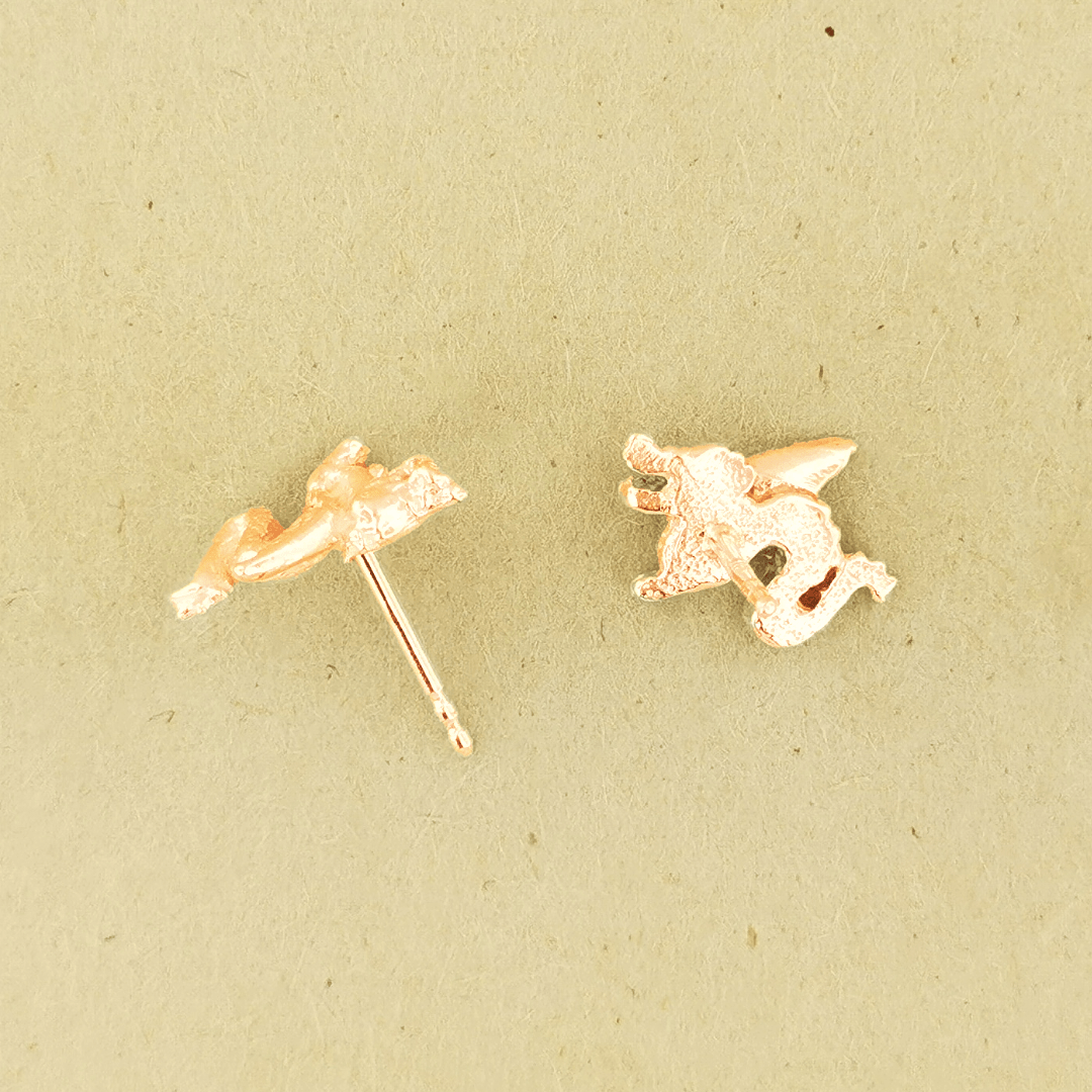 Made-to-order small dragon stud earrings in 10k, 14k, or 18k yellow, pink, or white solid gold by Le Dragon Argenté