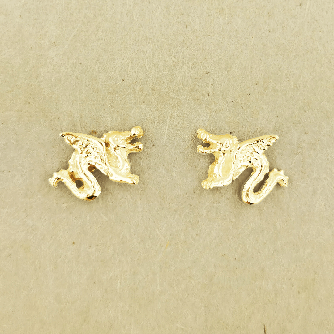 Made-to-order small dragon stud earrings in 10k, 14k, or 18k yellow, pink, or white solid gold by Le Dragon Argenté
