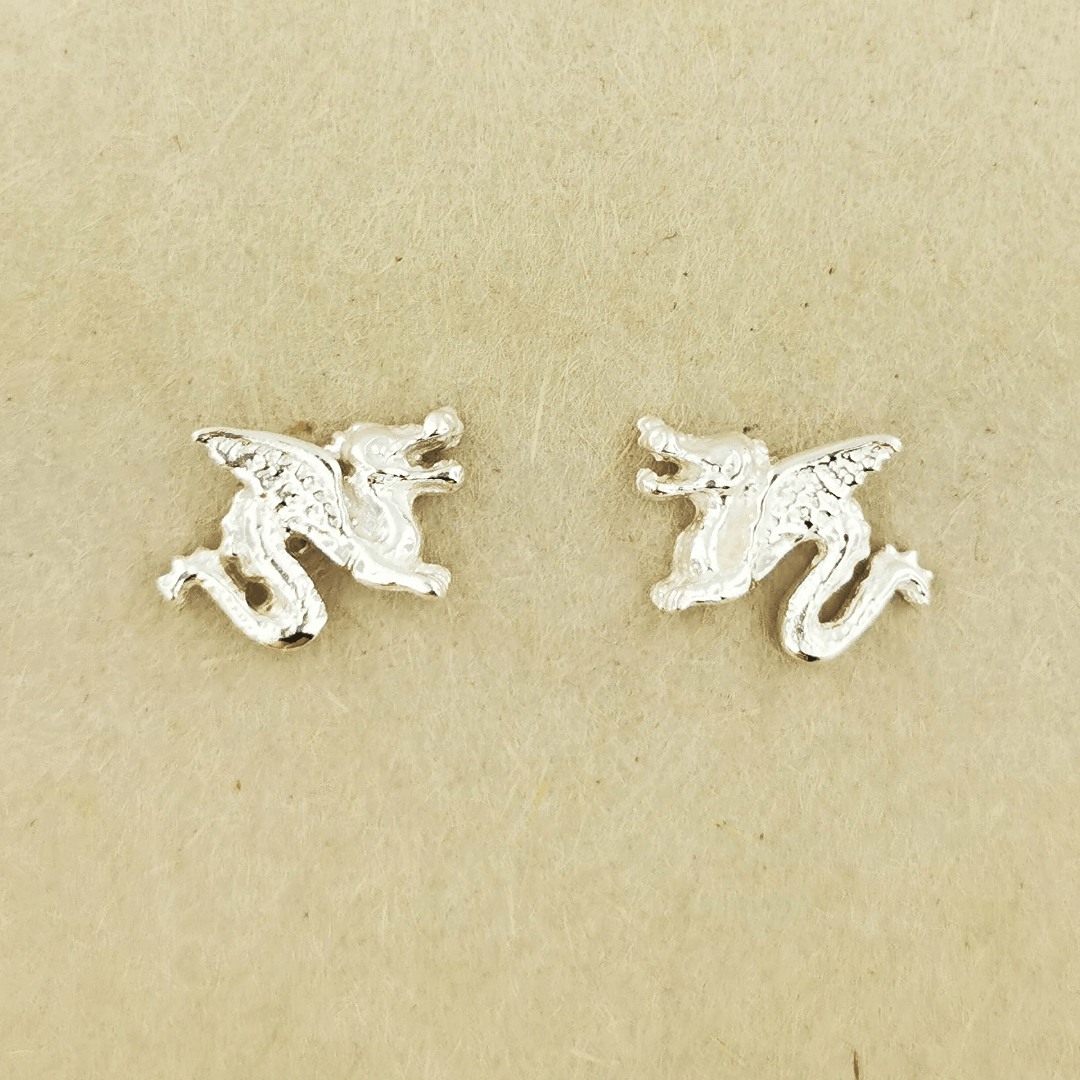 Made-to-order small dragon stud earrings in 10k, 14k, or 18k yellow, pink, or white solid gold by Le Dragon Argenté
