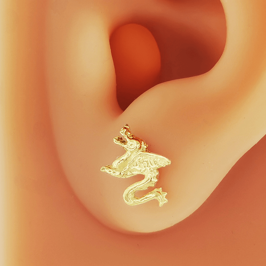 Made-to-order small dragon stud earrings in 10k, 14k, or 18k yellow, pink, or white solid gold by Le Dragon Argenté