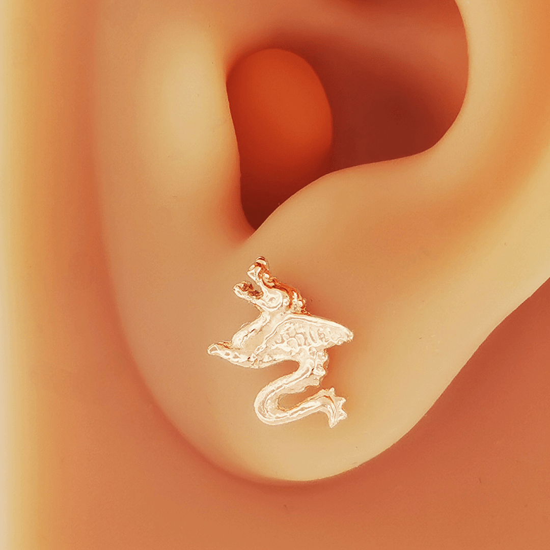 Made-to-order small dragon stud earrings in 10k, 14k, or 18k yellow, pink, or white solid gold by Le Dragon Argenté