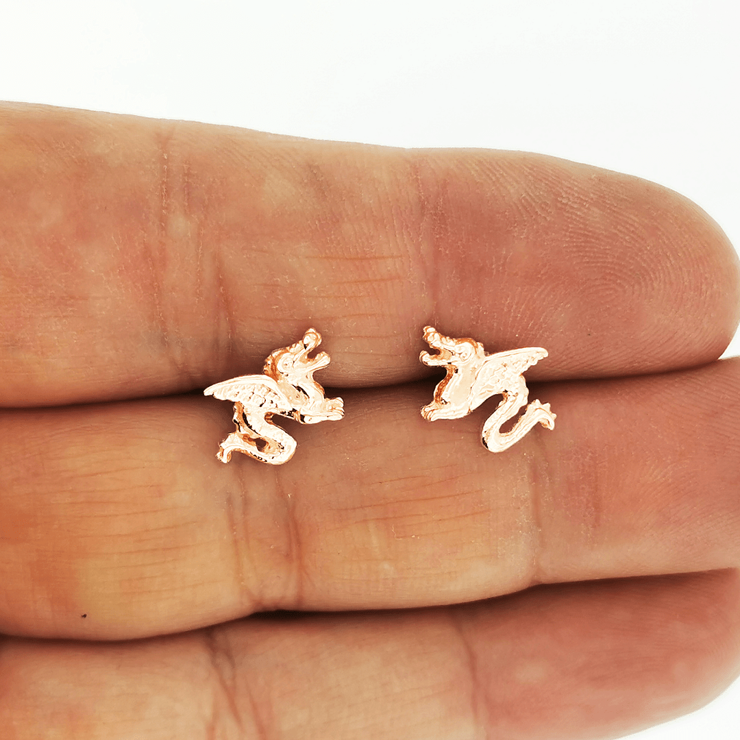 Made-to-order small dragon stud earrings in 10k, 14k, or 18k yellow, pink, or white solid gold by Le Dragon Argenté