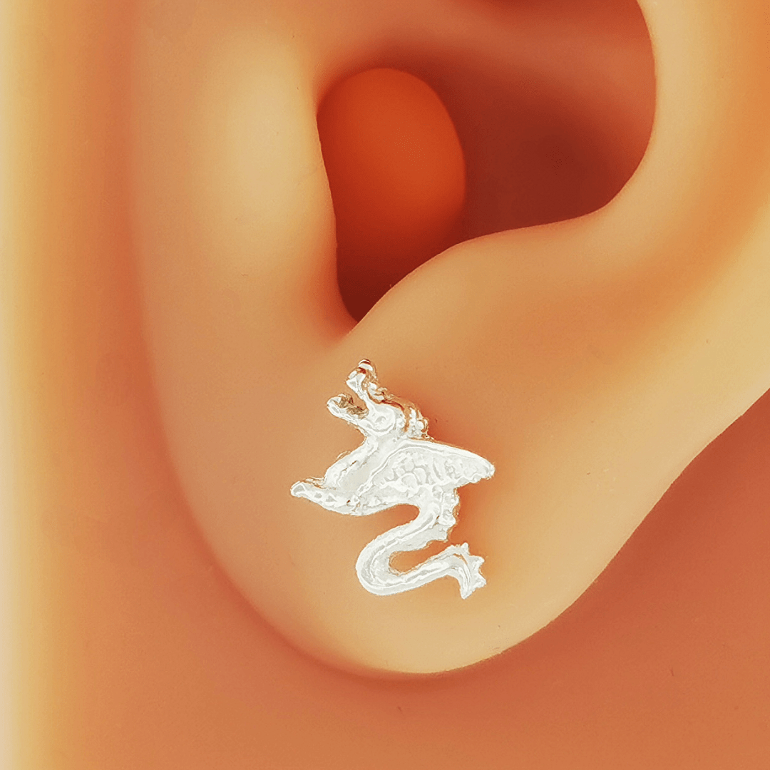 Made-to-order small dragon stud earrings in 10k, 14k, or 18k yellow, pink, or white solid gold by Le Dragon Argenté