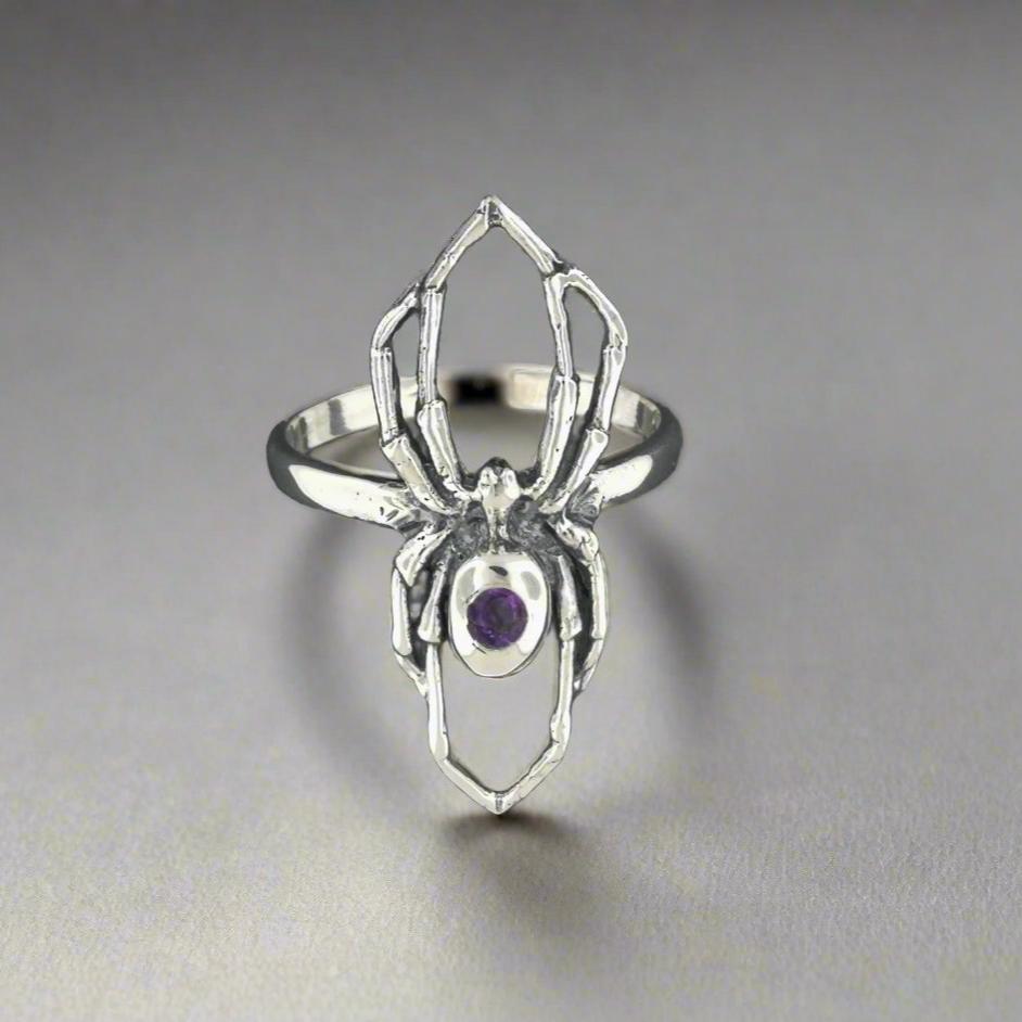 Handcrafted sterling silver spider ring with amethyst gothic 3D design perfect for fans of gothic fashion Halloween or witchy jewelry.- Le Dragon Argenté