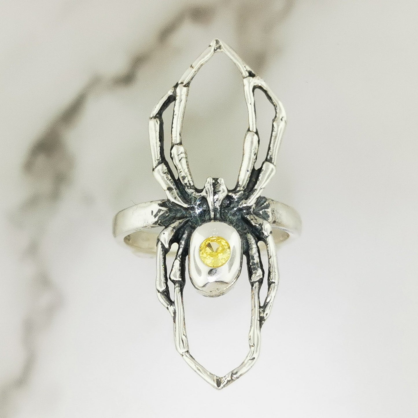 Handcrafted sterling silver spider ring with November birthstone CZ gothic 3D design perfect for fans of gothic fashion Halloween or witchy jewelry.- Le Dragon Argenté