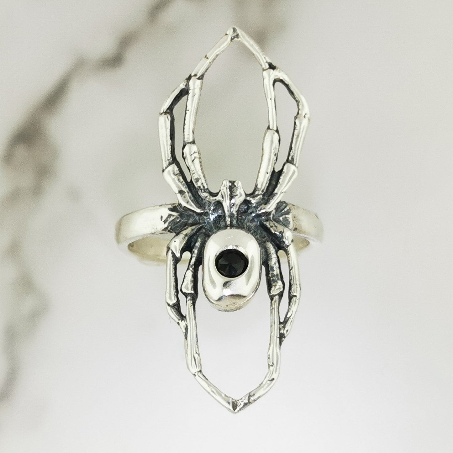 Handcrafted sterling silver spider ring with Black CZ gothic 3D design perfect for fans of gothic fashion Halloween or witchy jewelry.- Le Dragon Argenté