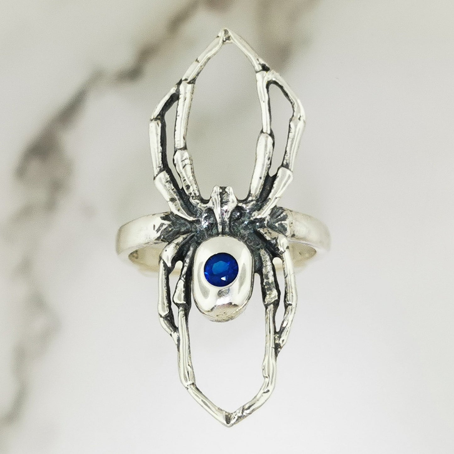 Handcrafted sterling silver spider ring with September birthstone CZ gothic 3D design perfect for fans of gothic fashion Halloween or witchy jewelry.- Le Dragon Argenté