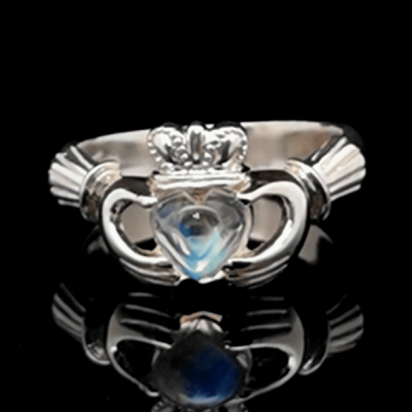 Sterling Silver Claddagh Ring with Rainbow Moonstone Cabochon, size 7 - Le Dragon Argenté - Live Sale -