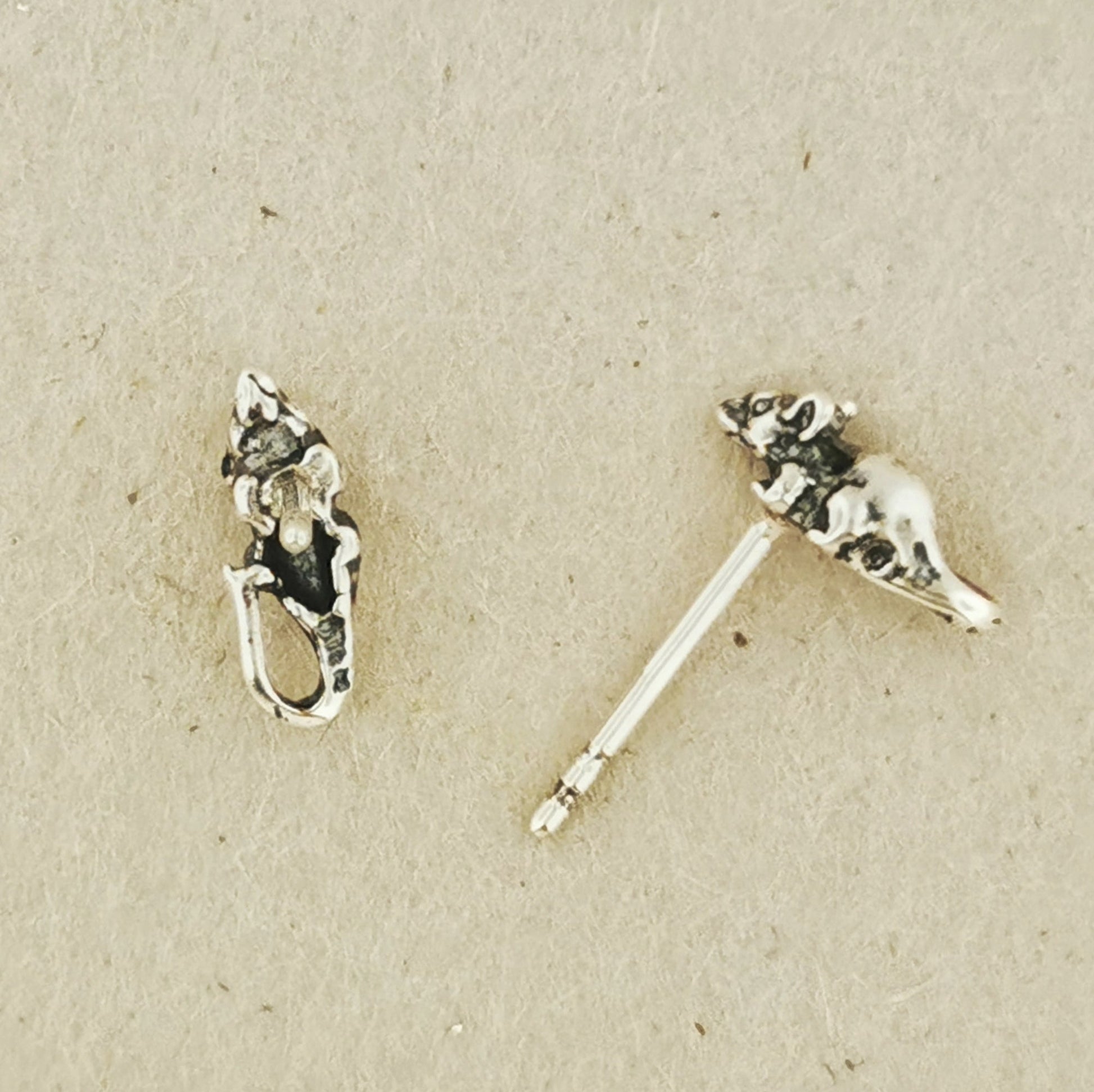 Handcrafted sterling silver mouse stud earrings with whimsical detail – Le Dragon Argenté